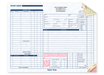 Custom Carbon Repair Order Forms, Carbon Business Forms, 11” x 8-1/2”, 3-Part with Easy Tear-Out Pages